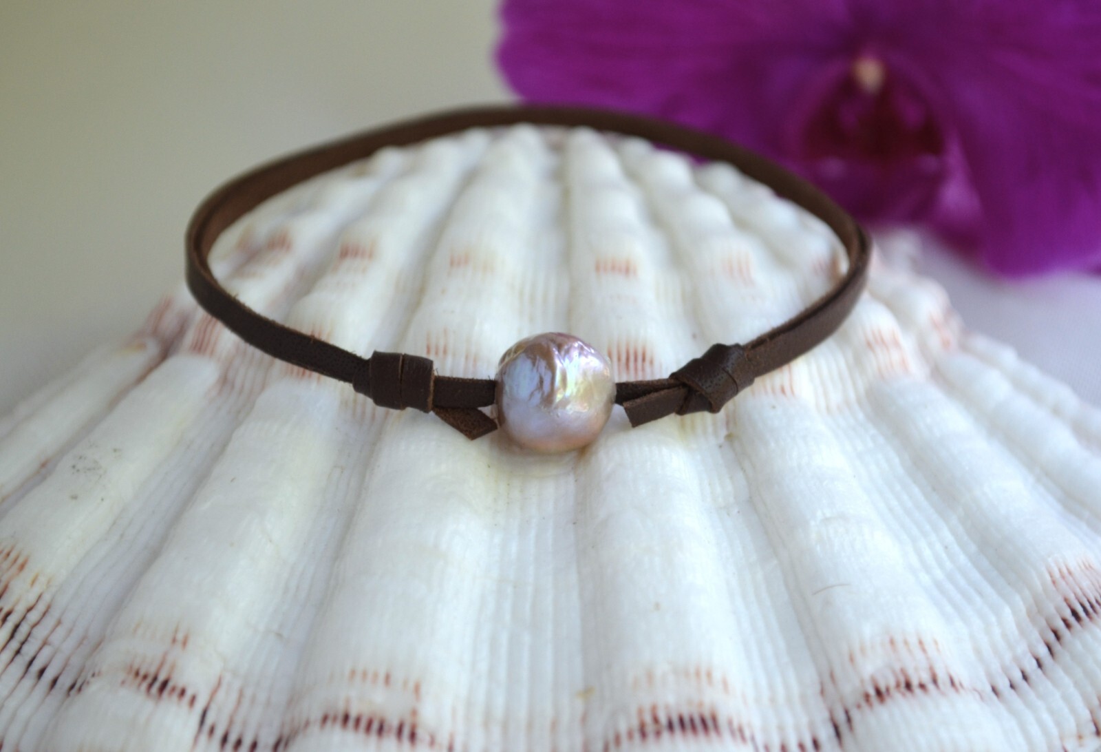 Edison Mauve Pearl on Australian Leather Anklet LARGE Adjustable Pearl Anklet