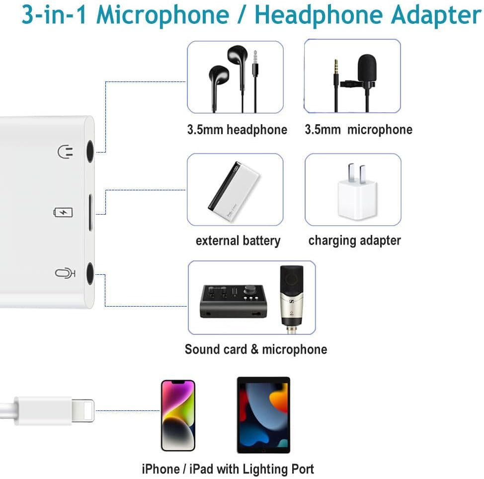 Iphone Microphone Adapter for Live-Streaming Lightening to Microphone & 3.5Mm He