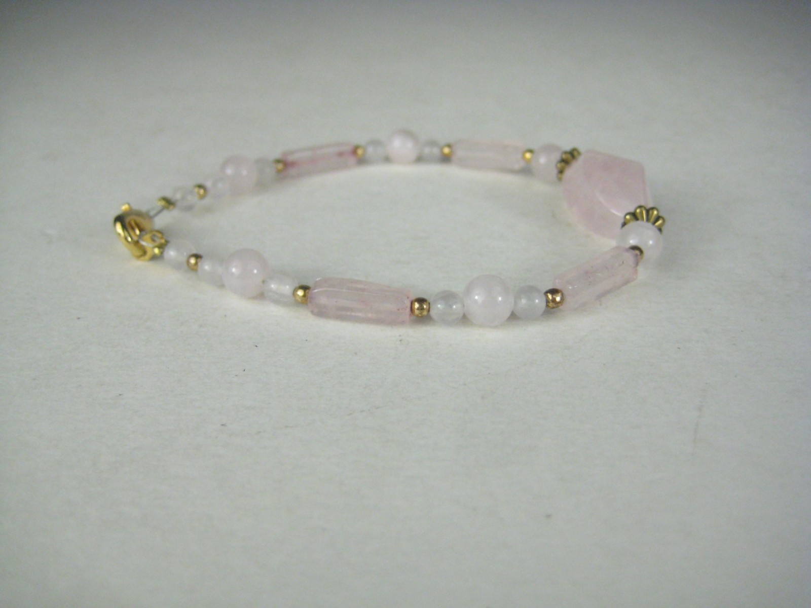 Handcrafted Rose Quartz Stone Bracelet Gold Tone Beads