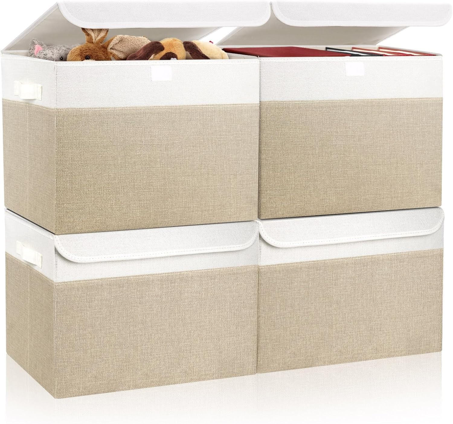 Large 22 Quart Linen Fabric Foldable Medium - 4 Pack, Beige & White