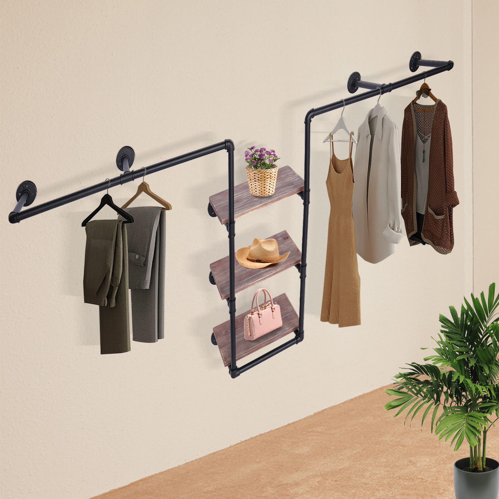 Wall Mount Clothing Rack w/ 3 Tiers Wood Shelf,Industrial Pipe Free Standing