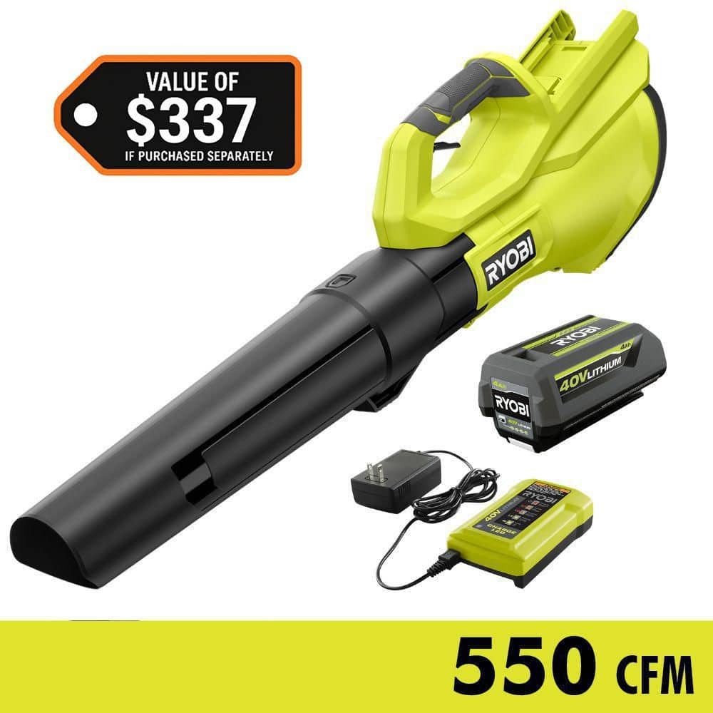 RYOBI 40V 120 MPH 550 CFM Cordless Leaf Blower with 4.0 Ah Battery & Charger