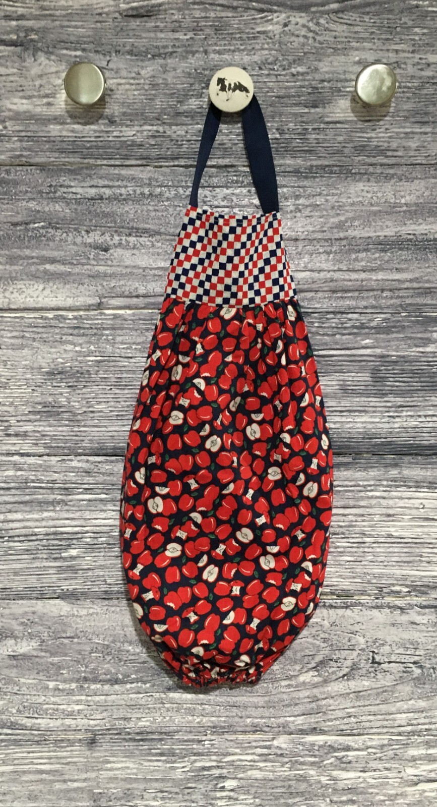 Plastic Grocery Bag Rag Sock Holder Red Apples Whole Half Core Navy Background