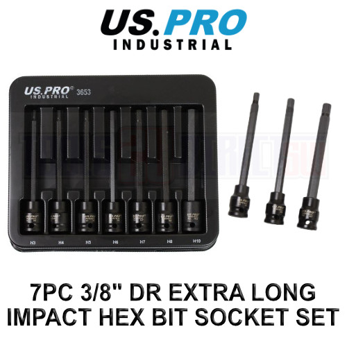US PRO Industrial 7pc 3/8" DR Extra Long Impact Hex Bit Socket Set H3 - H10 3653