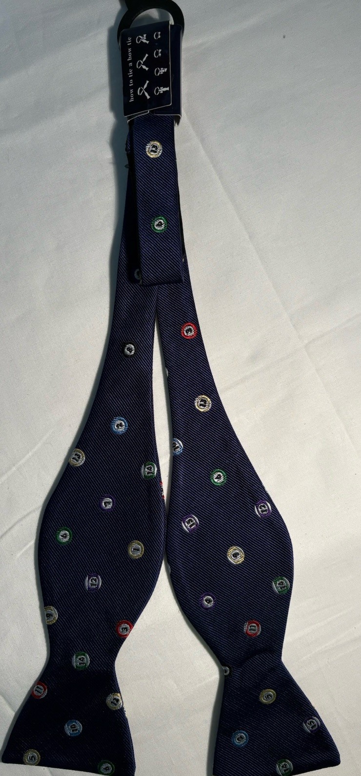 Rooster Bowtie Navy Blue Repp Pool Ball Pattern 100% Silk Self Tie, NWT