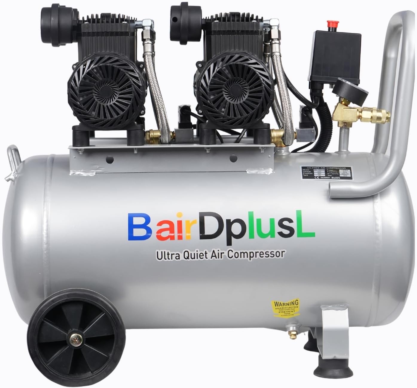 14.5 Gal Wheeled Quiet Oil-Free Air Compressor 1.5HP 70dB Auto Spray Painting