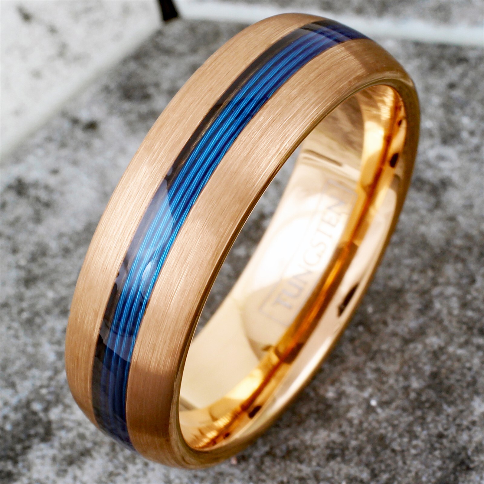 Tungsten Carbide Blue Fishing Line 7mm Brushed Band - Black or Rose Gold Plated