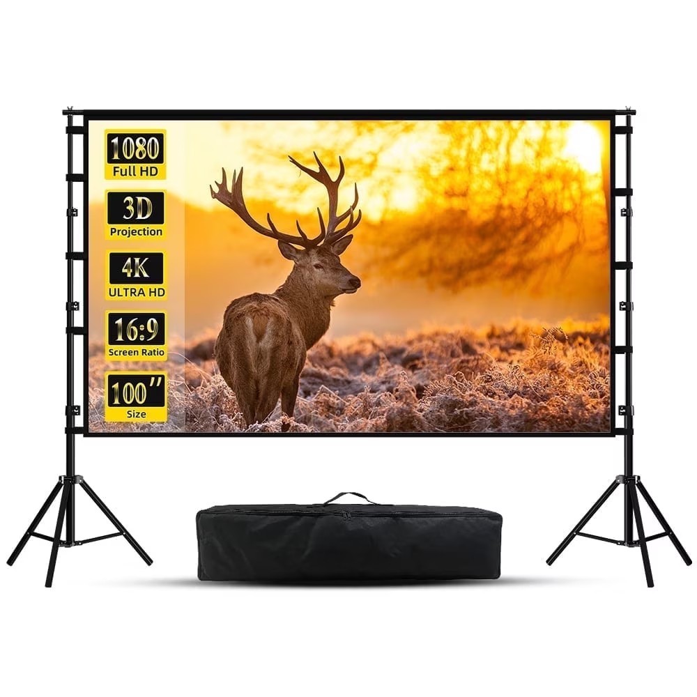 100 Inch Outdoor Projector Screen with Stand 16:9 4K HD Portable Movie Screen
