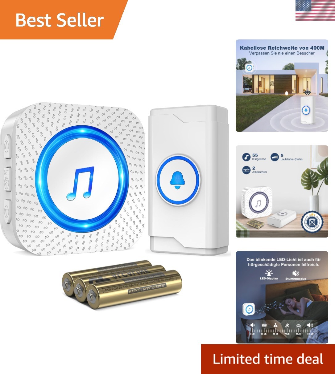 55 Melodies Battery-Powered Wireless Doorbell - 1300FT with Weatherproof Button