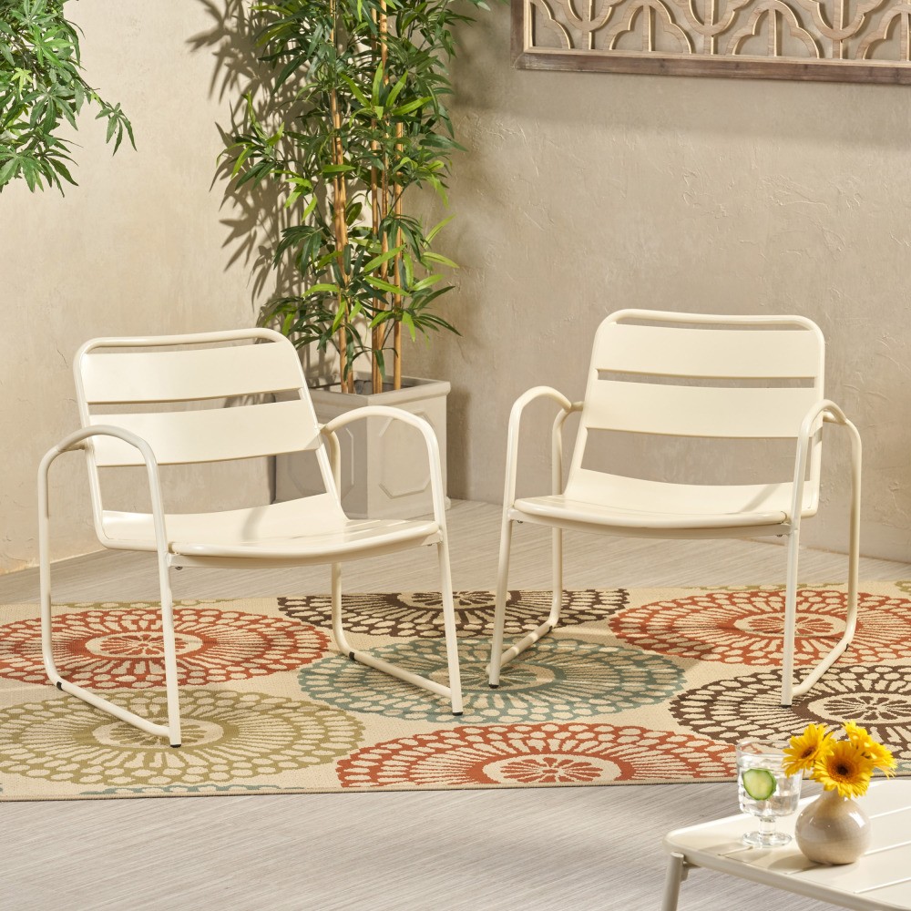 Patio Chair Set, 2 Modern Iron Chairs w/Open Slat Design, Matte White