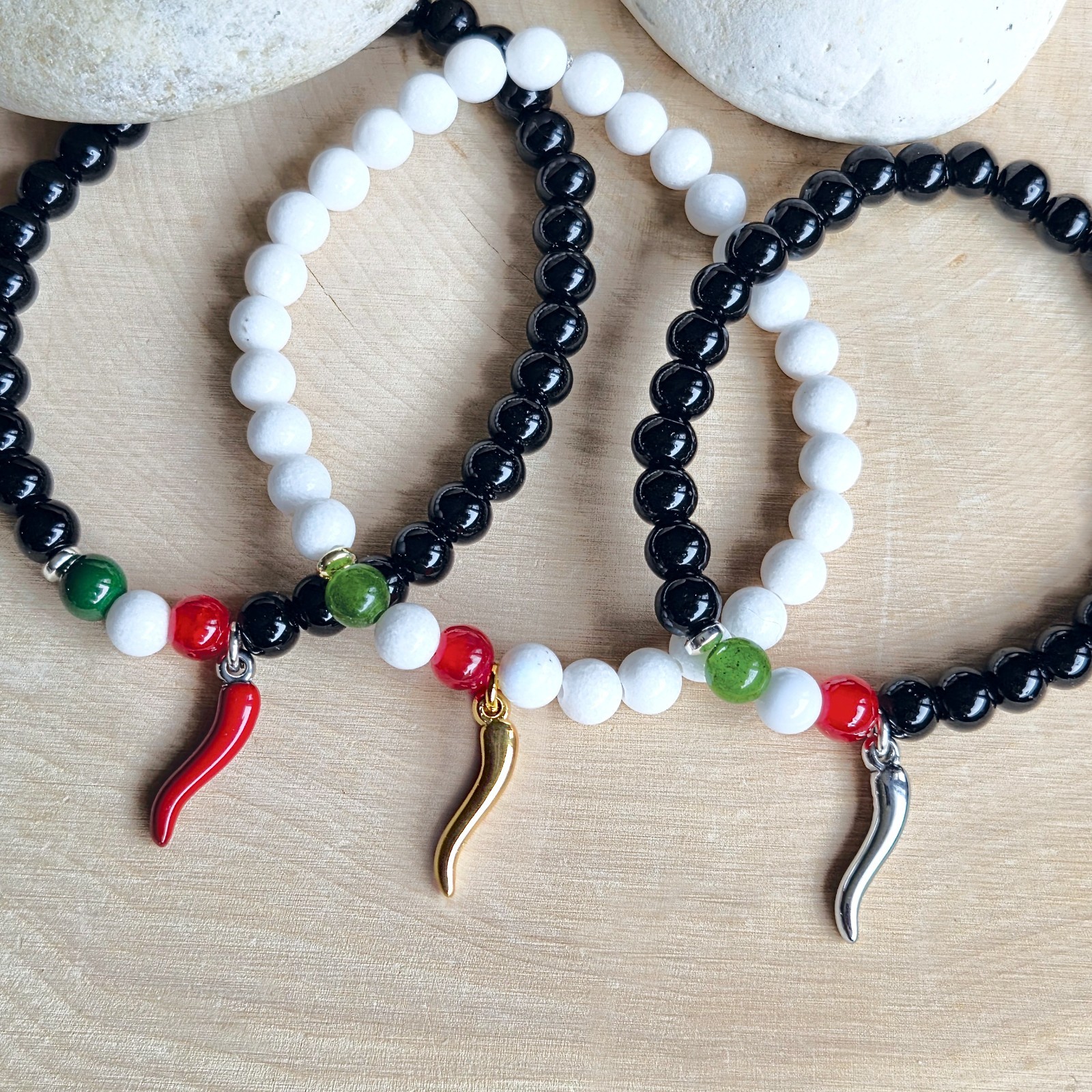 Red Cornicello Bracelet, Italian Flag Beads, Horn Charm, Slim, Black Silver Gold