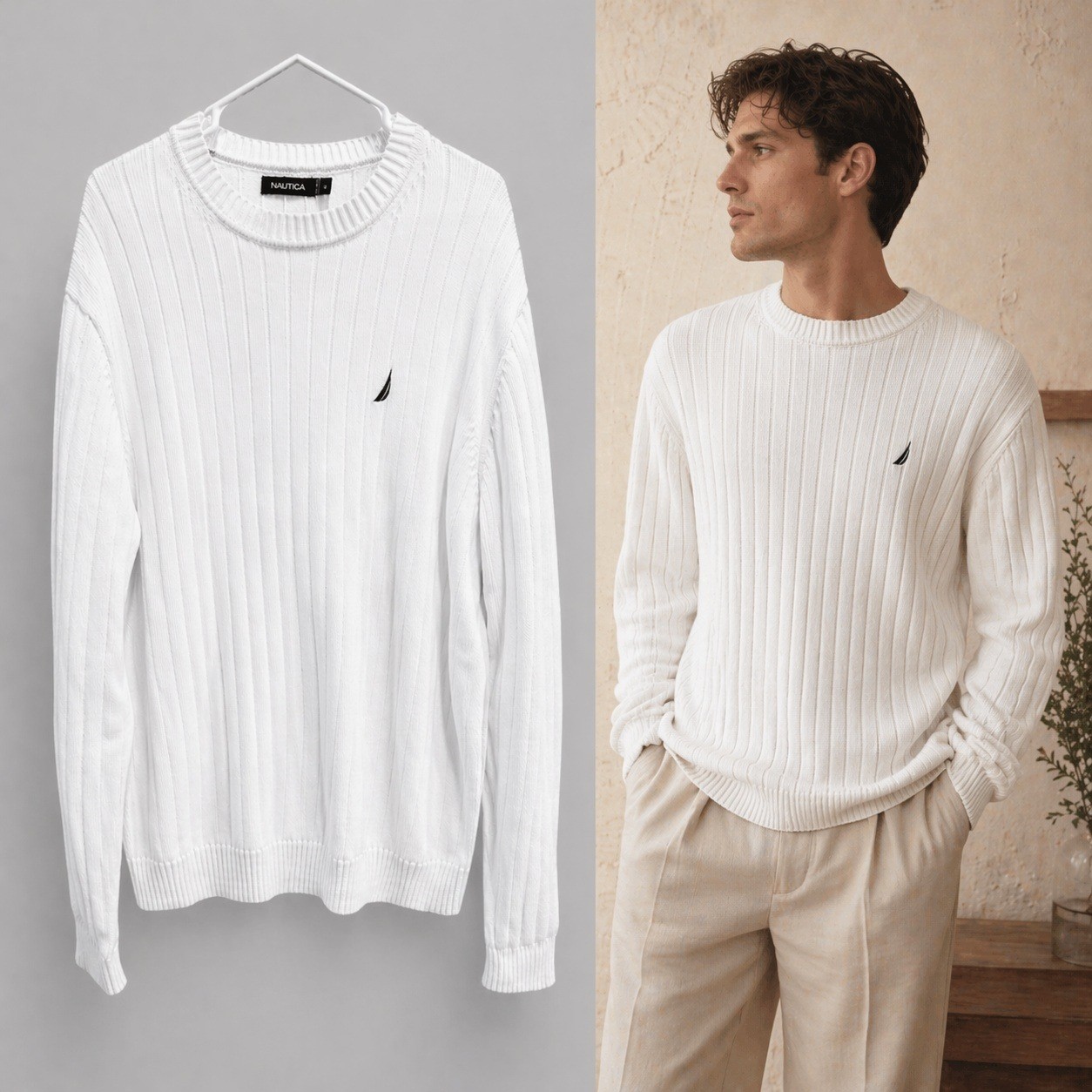 Nautica Men's White Textured Knit Sweater Large L 100% Cotton Old Money Preppy