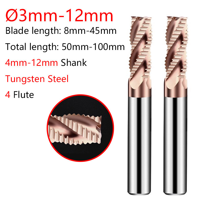 Ø3mm-12mm Solid Carbide Roughing End Mill 4-Flute Spiral Router Bit For Steel
