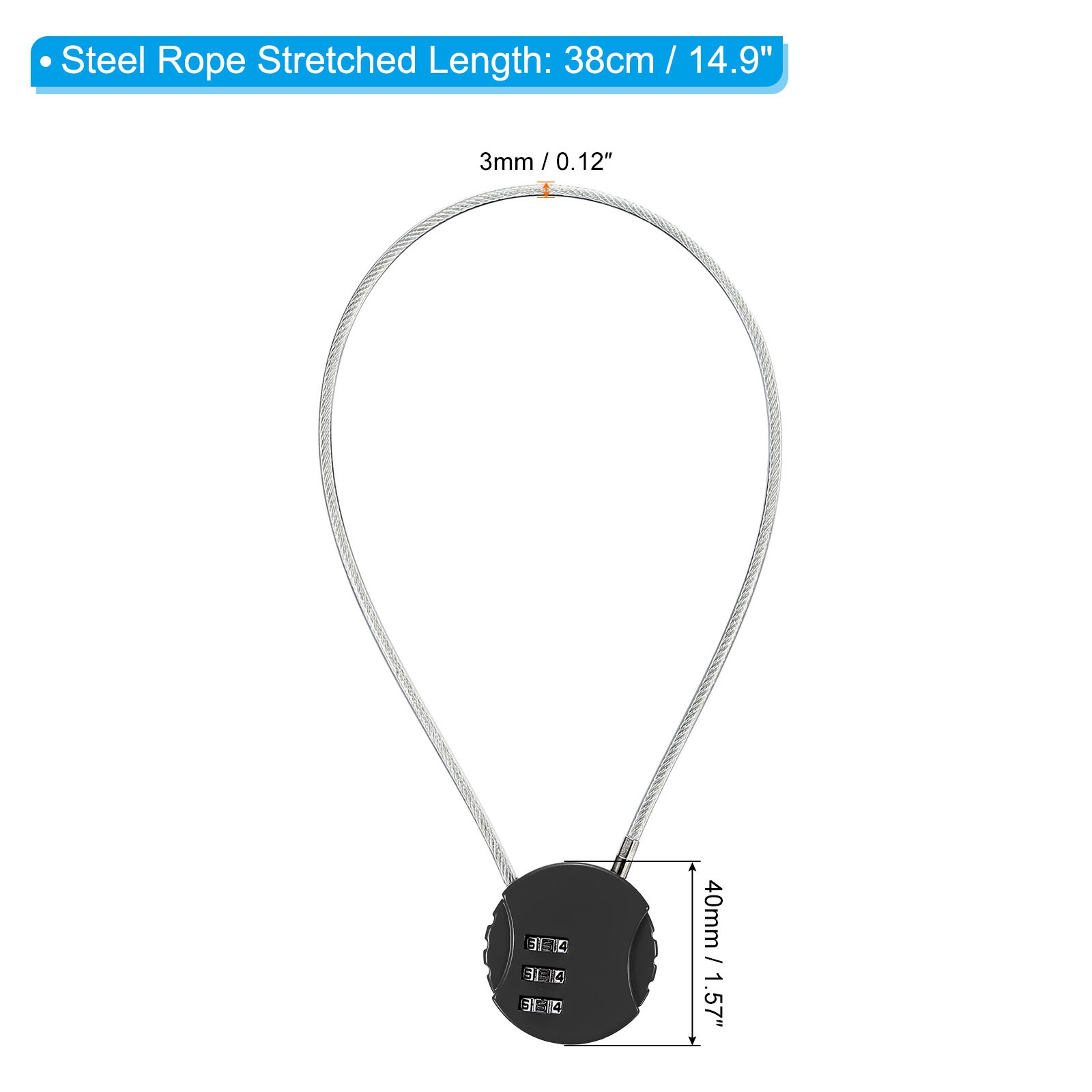 Small Combination Block 14.9", 1pc 3 Digit Luggage Lock, Black