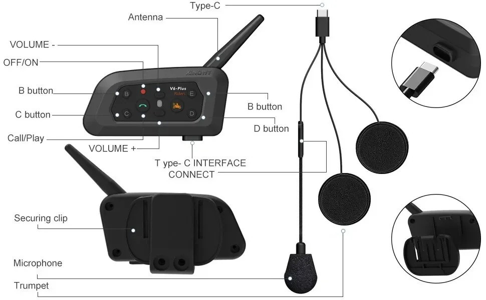 MOTORCYCLE HELMET INTERCOM V6 PLUS BLUETOOTH PAIR 1200M WATERPROOF 6 RIDERS