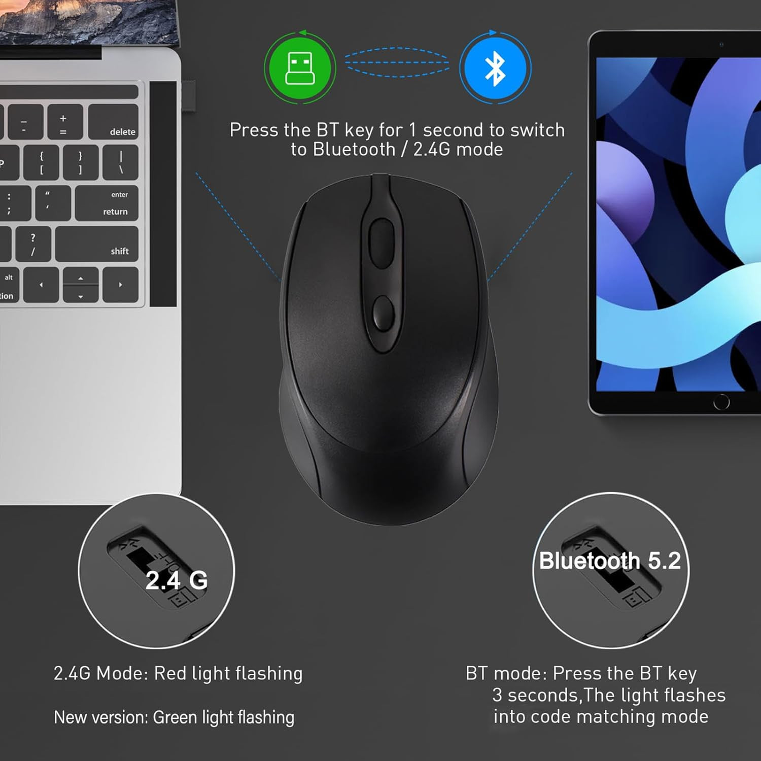 Bluetooth Wireless Mouse USB C for Mac Book Air Pro/iPad/Laptop Black