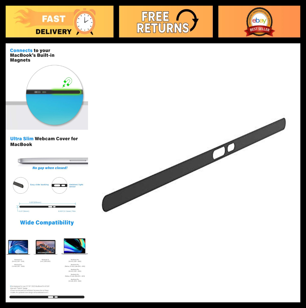 Magnetic Webcam Cover for Laptop - Slim 0.01-Inch Profile, Privacy Control, Blac