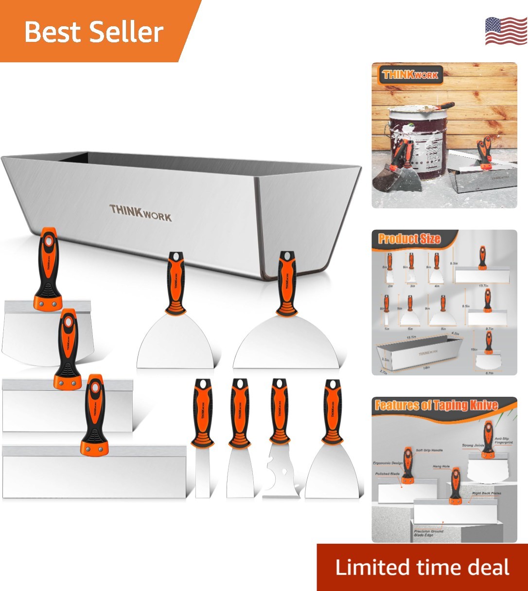 Versatile 10-Piece Putty Knife & Taping Knife Set with Comfortable Rubber Grip