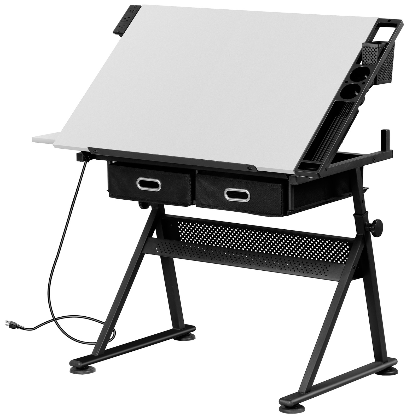 Adjustable Drafting Drawing Tiltable Table & Stool w/ 2 Drawers & Outlet White