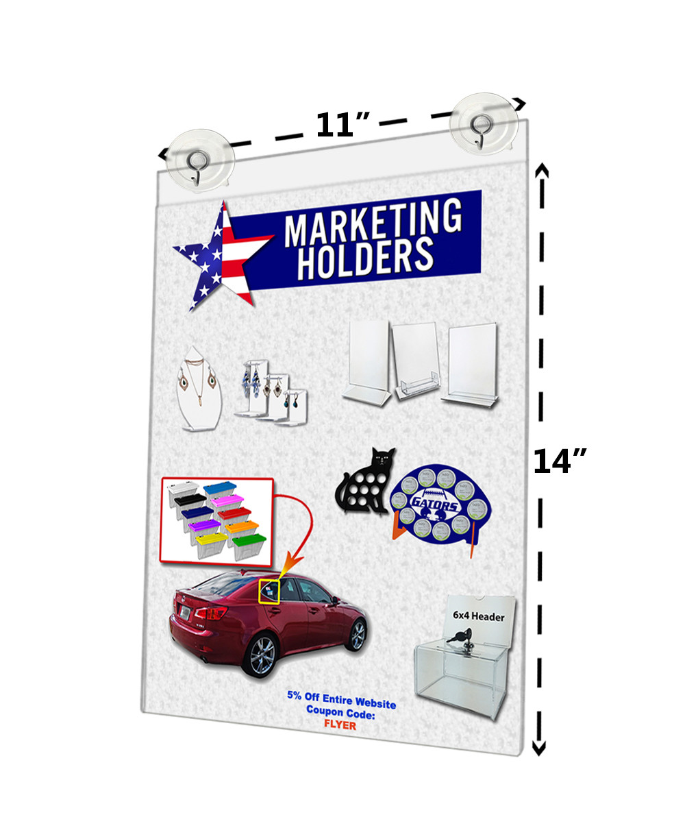 11"W x 14"H Window Mount Sign Holder Suction Cup with Hooks Pack of 6