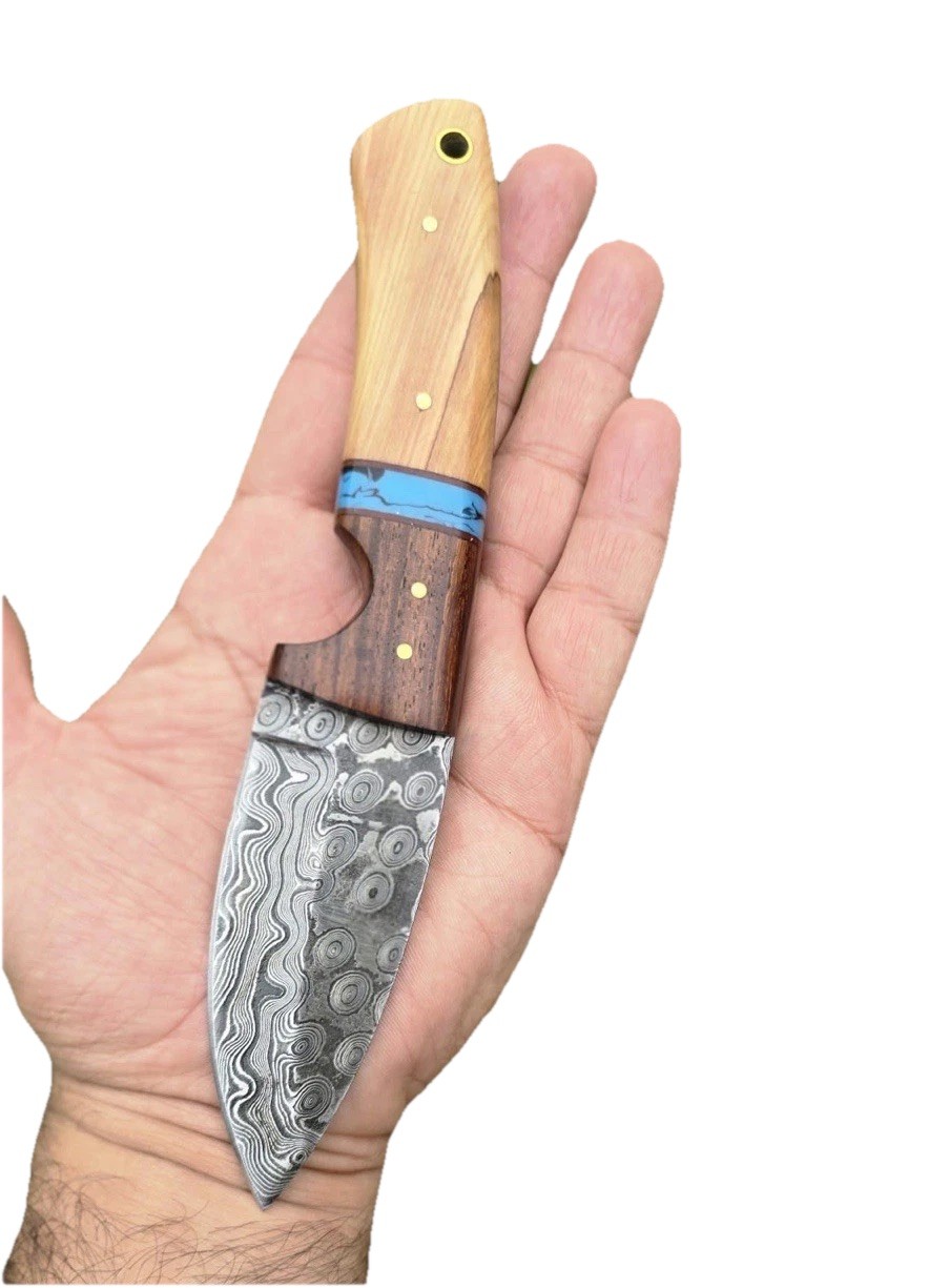 Damascus Fixed Blade Skinner Knife - Outdoor Tactical Hunting - Belt Sheath