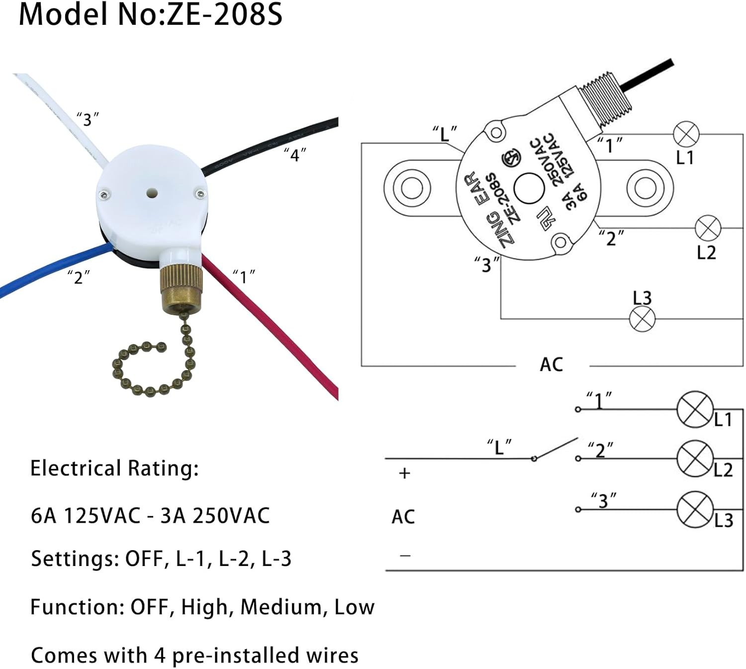 Ceiling Fan Switch Zing Ear ZE-208S E89885 3 Speed 4 Wire Pull Chain Bronze