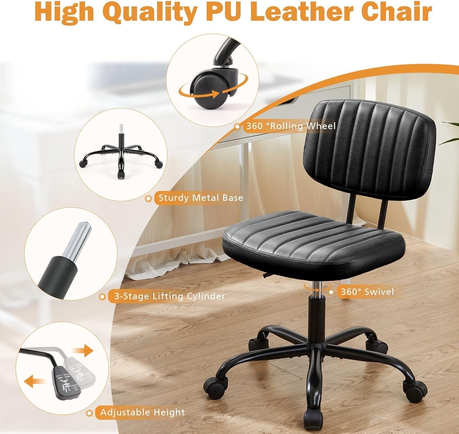 Small Office Desk Chair Armless PU Leather W/ Comfy Lumbar Support Height
