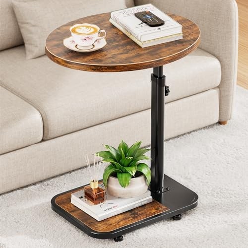 TV Tray Table with Infinite Adjustable Height - C-Shaped Sofa End Side Brown