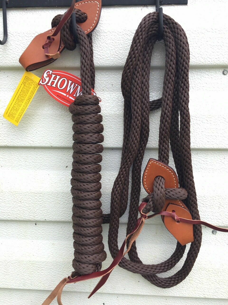 Showman BLACK BROWN 22 Ft Round Mecate Bosal Reins w Slobber Straps Popper 19226