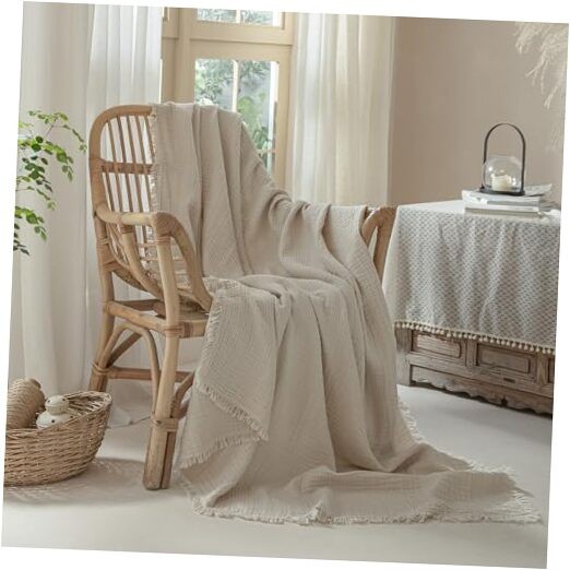 Muslin Fringe Blanket for Adults 100% Cotton 4-Layer Throw (50" × 60") Beige