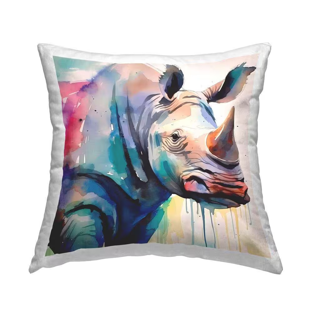 Modern Rhino Portrait Multi-Color Print Polyester 18 In. X 18 In. Throw Pillow