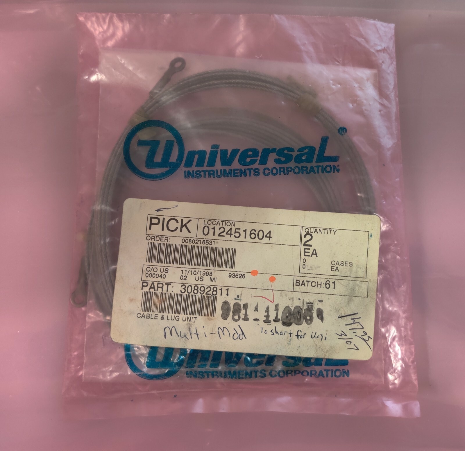 Universal Instruments Cable & Lug Unit 30892811 Pack of 2