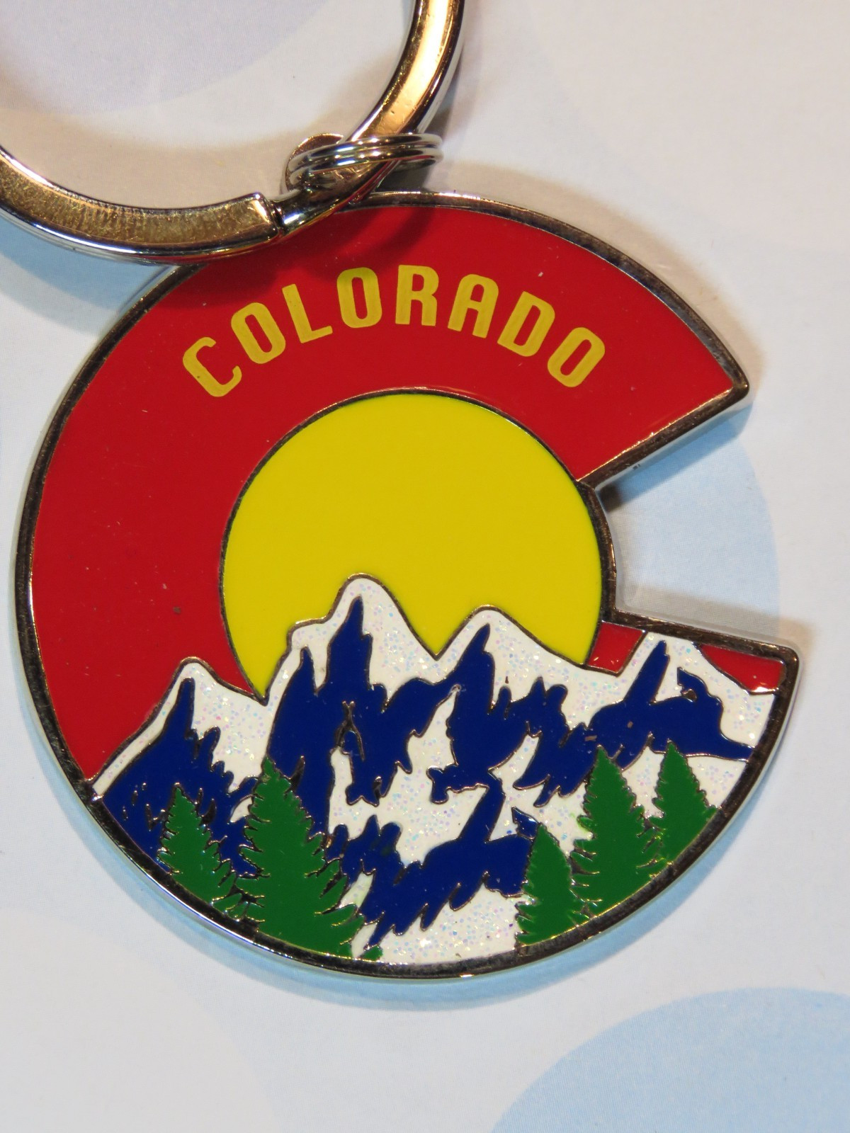 COLORADO Metal Key Chain ~ State Flag, Sun & Mountains, Pac-Man Design ~ NEW