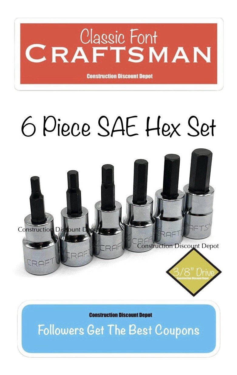 6 Piece Craftsman Standard SAE Hex Bit Allen Key Socket Set 3/8" Drive Ratchet