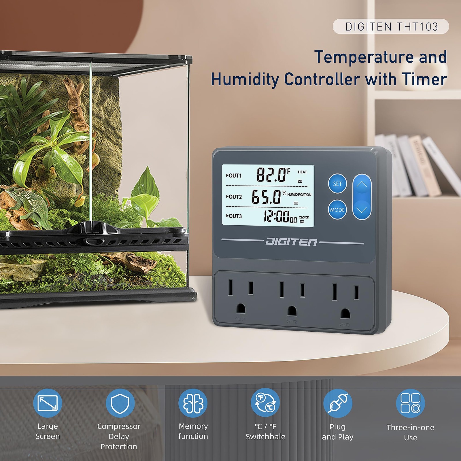 DIGITEN Reptile Temperature and Humidity Controller with Timer Outlet, Gray