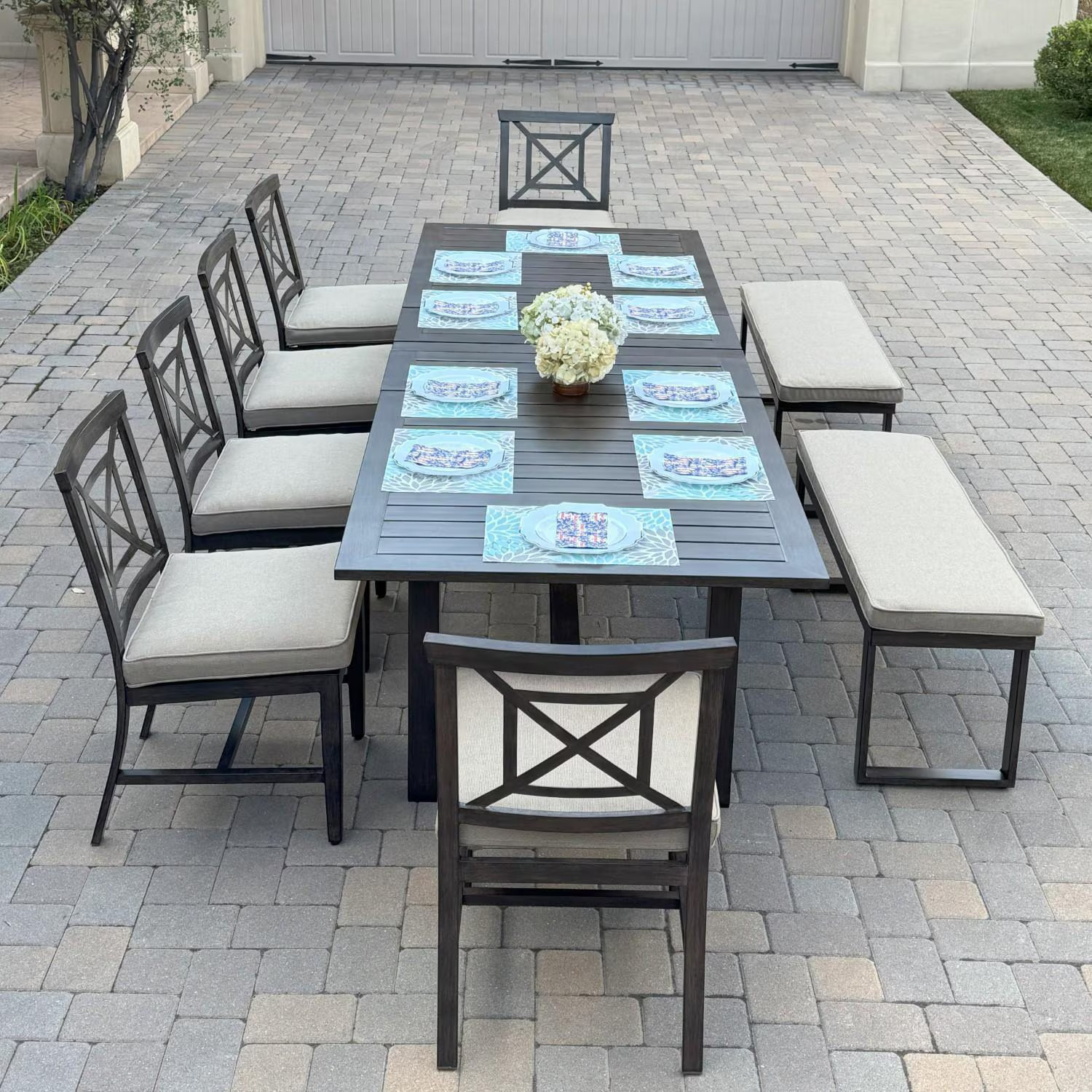 Atlantis 9 Pc Aluminum Dining Set 6 Dining Side Chairs, 2 Two Person Benches &