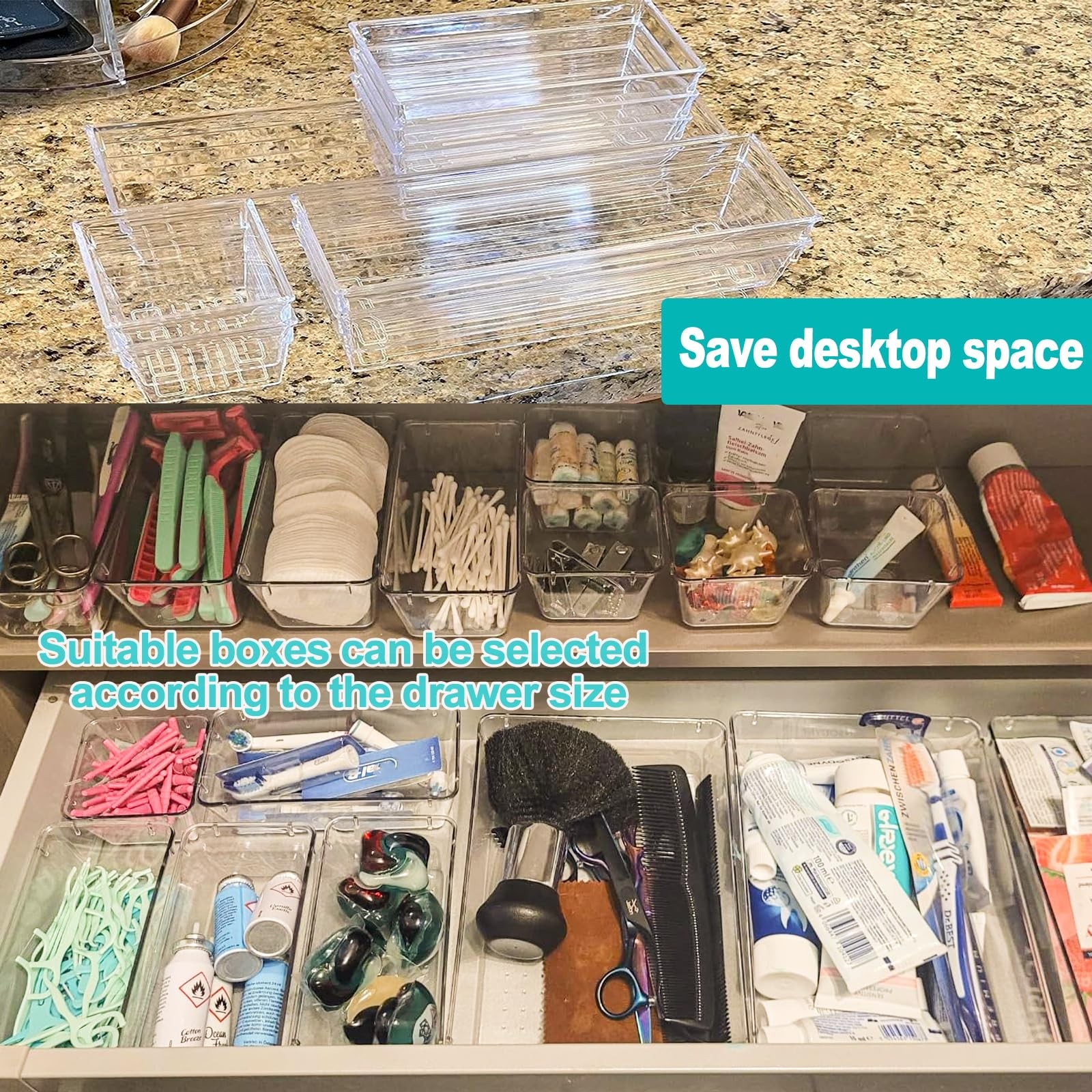 27 Pack Clear Plastic Drawer Organizer Set - 4 Sizes Makeup Vanity Organizer ...