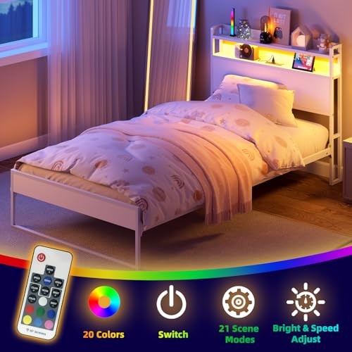 Bed Frames with Charging Station and LED Lights, Metal Bed Frame Twin White