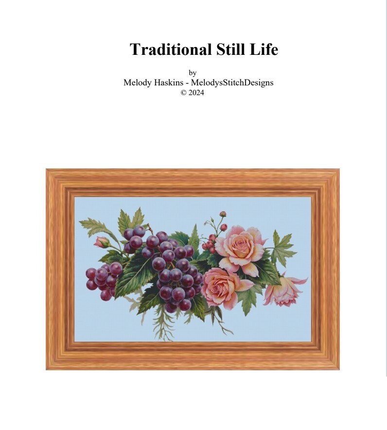 Still Life Grapes & Roses Cross Stitch Design Includes Full Pattern Keeper File