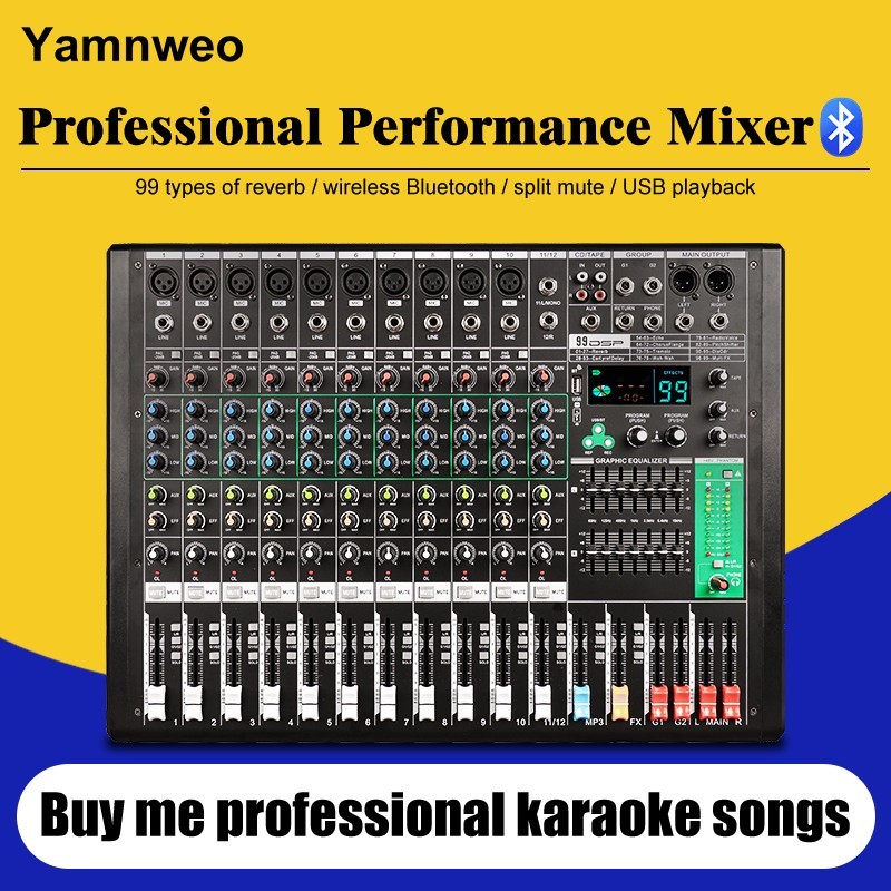 YAMNWEO EX12 12-Channel Bluetooth Mixer 99 DSP Effects, 7-Band EQ, USB Recording