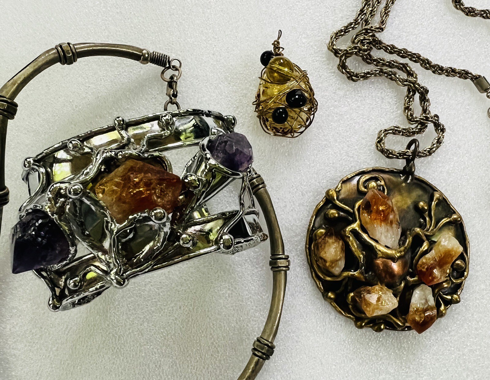 VTG CHUNKY ARTISAN MADE JEWELRY: Smoked Quartz Pendant, Amethyst Bracelet, More