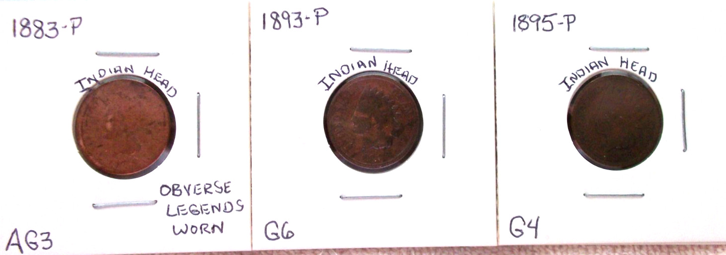 1883 / 1893 / 1895 PHILADELPHIA INDIAN HEAD CENTS IN MIXED CONDITION