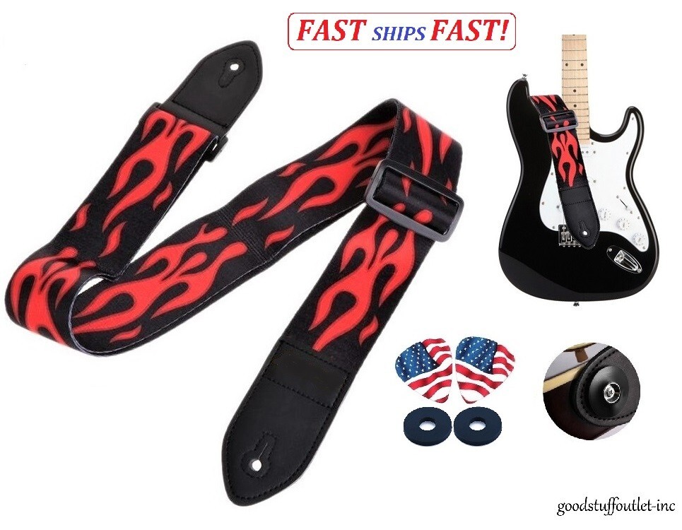 Black, Red Flame Guitar Strap Belt + Guitar Picks + Strap Locks