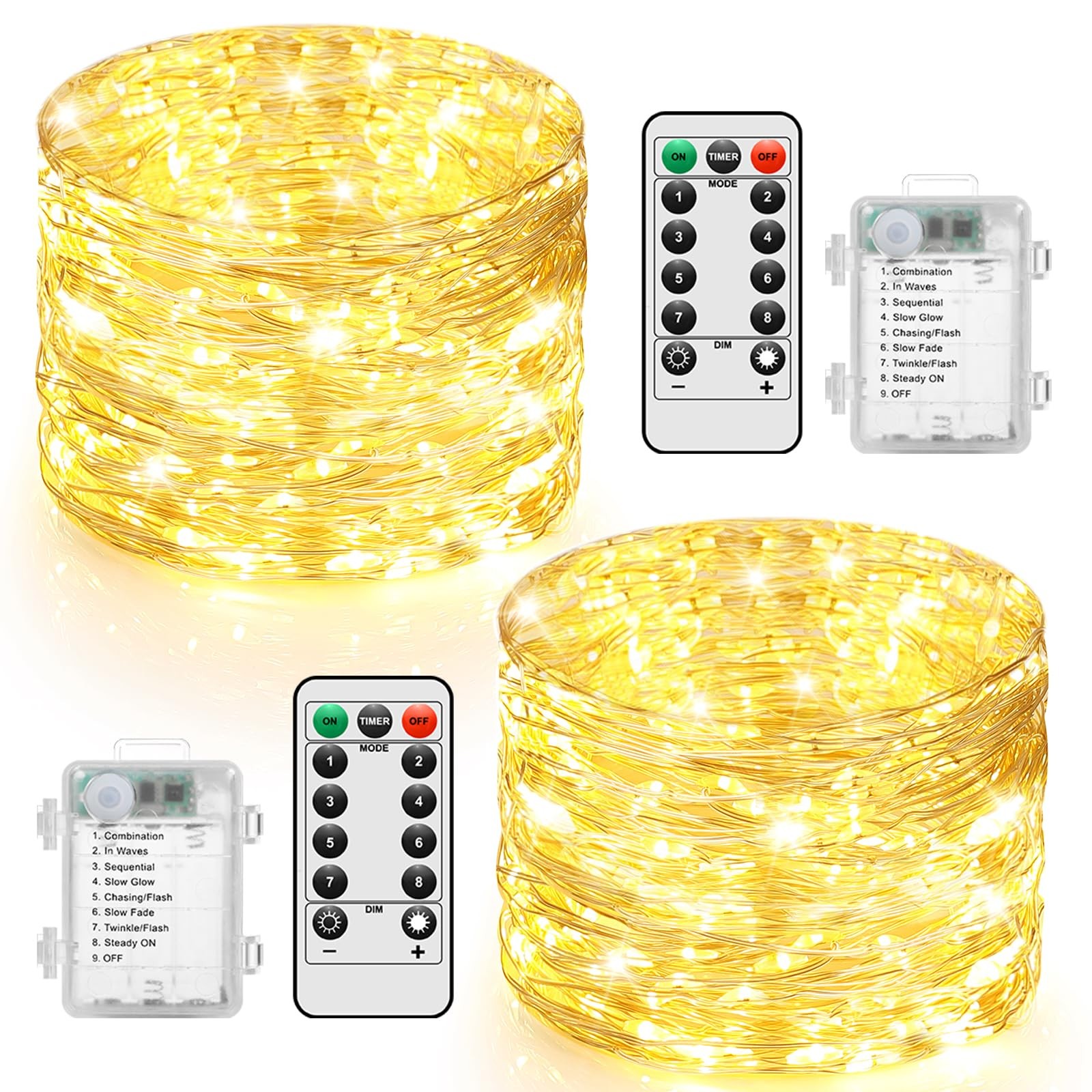 Guirnalda de luces LED de 100 luces, funciona con pilas y mando a distancia 10 m