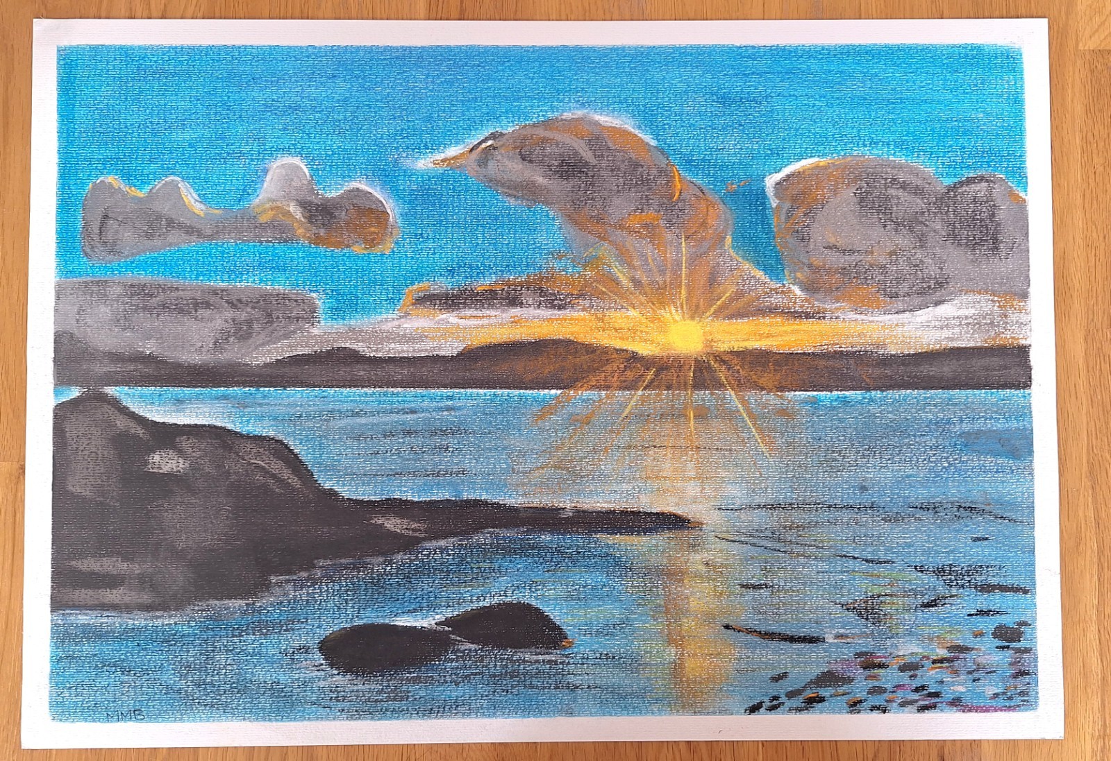 A2 Size Framed Original Pastel Drawing. Sunrise over Sea