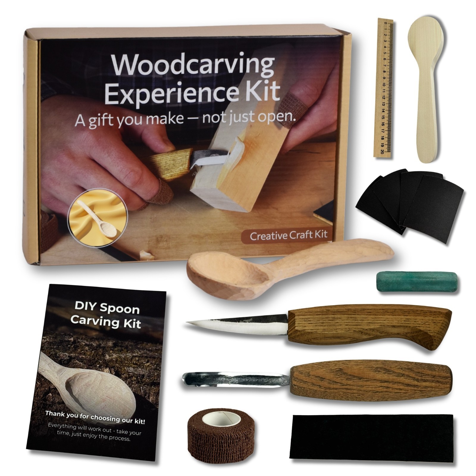 Spoon Carving Kit. DIY Woodworking Set for Beginners with Whittling Knives.