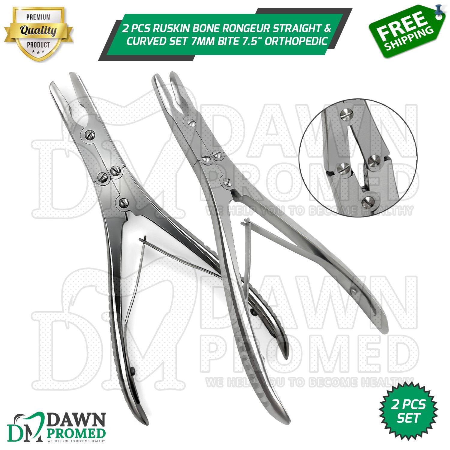2 Pcs Ruskin Bone Rongeur Straight & Curved 7mm Bite 7.5" Orthopedic Instruments