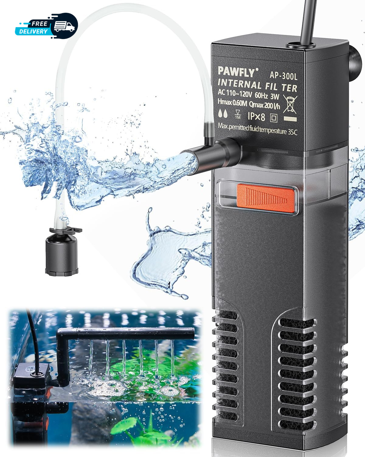 Internal Aquarium Filter, Submersible Power Filter with 55 GPH Water Pump for 3