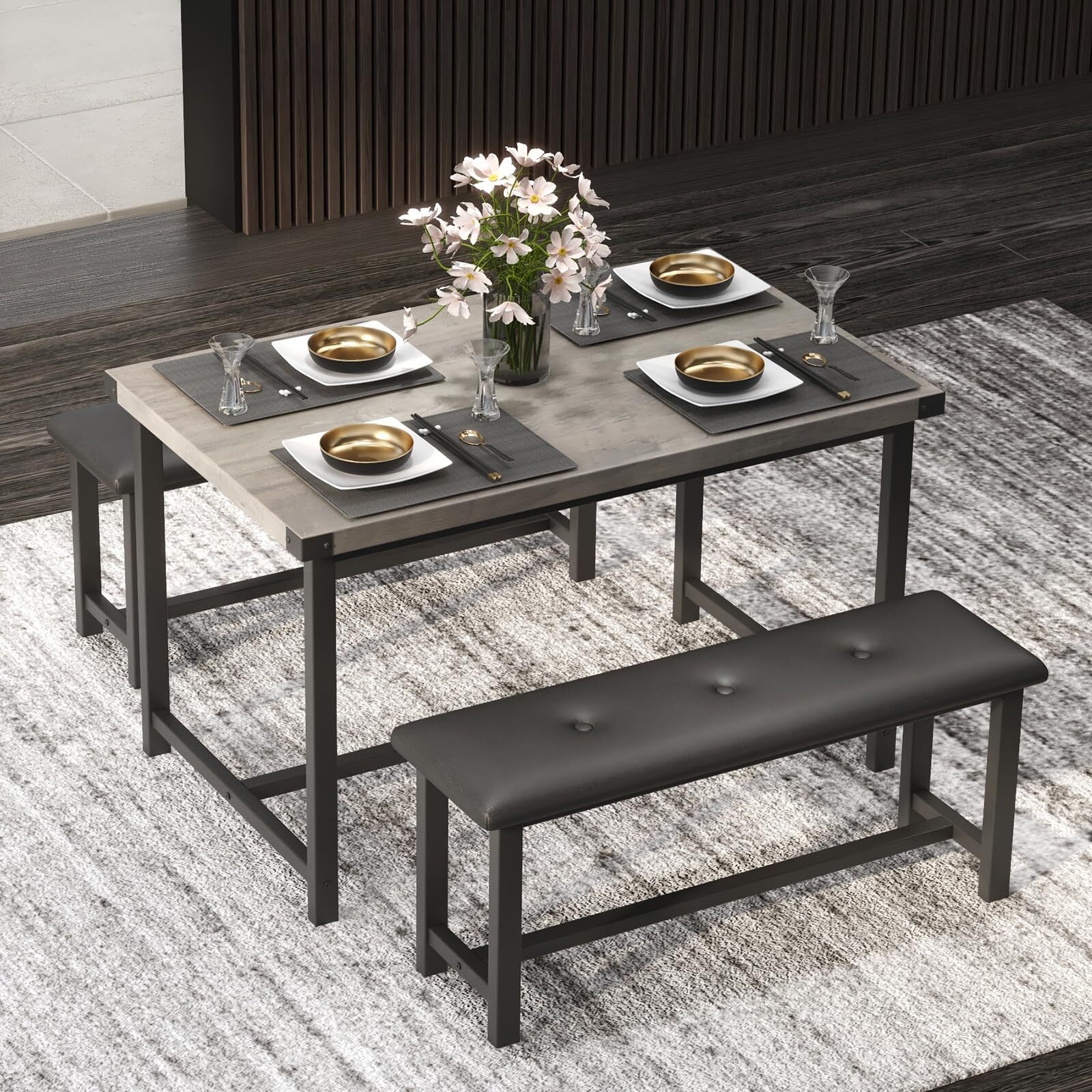 ☑️4PCS Kitchen Table Set with 2 Benches Dining Table Set with Upholstered Benche