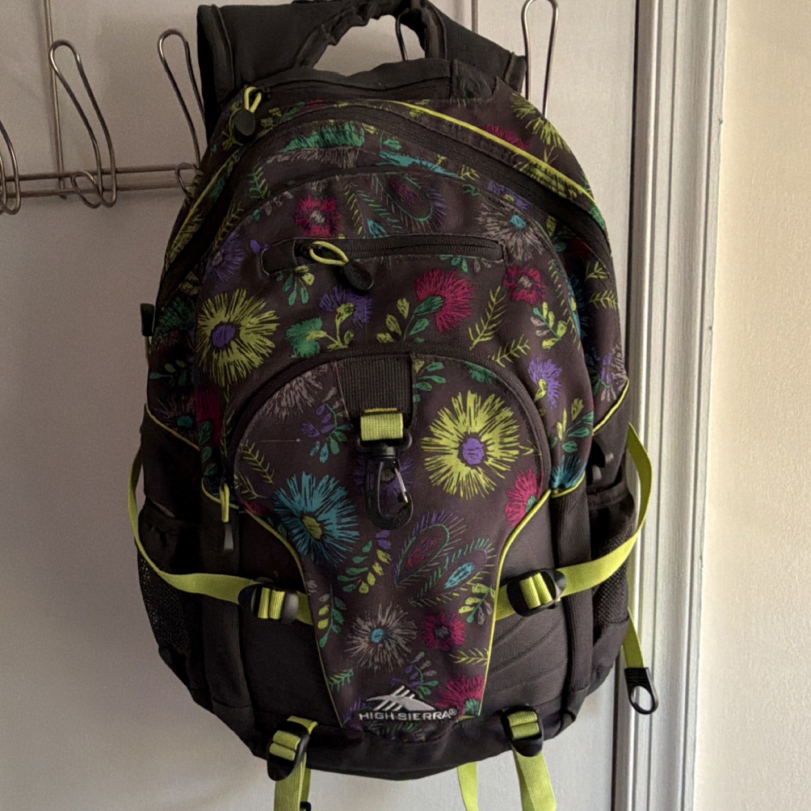 High Sierra Floral Hiking Backpack Black Multicolor 5 Pockets Multifunction